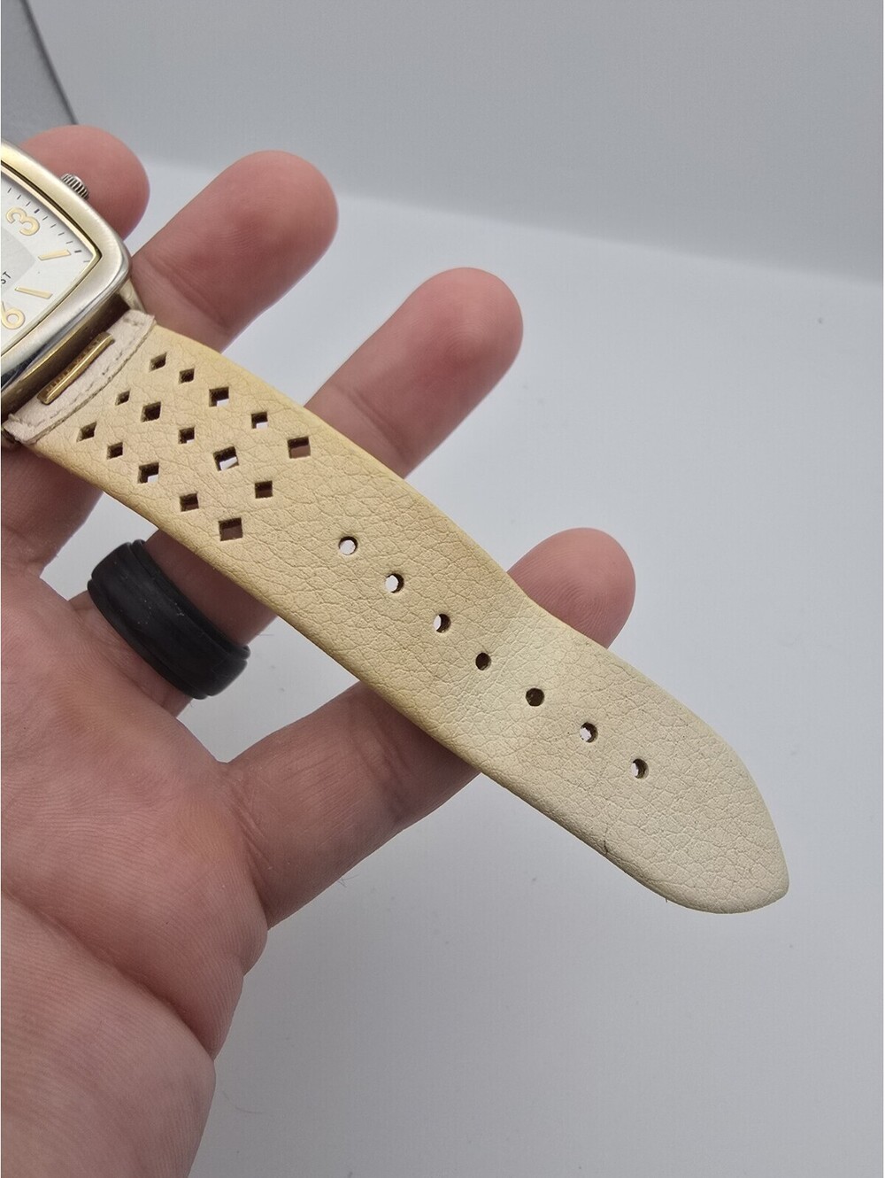 Nine West NW/1080 Gold Tone Tonneau Cream Perforated Leather Analog Quartz Watch - Picture 3 of 9